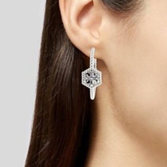 TORY BURCH Silver MILGRAIN HEX HOOP EARRINGS  NWT - Picture 2 of 6